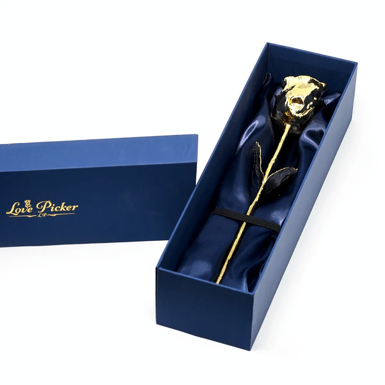 LovePicker Gold Dipped Rose 24 Karat Gold Plated Rose 11.5" - Royal Navy Blue Box Gold Dipped Rose anniversary-birthday-wedding-gift Valentines-Day milestone-gifts luxury-custom-elegant