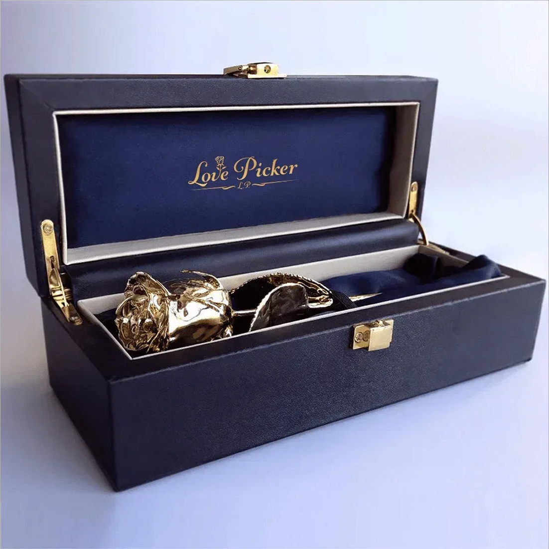 24K Gold Dipped Natural Rose 7" - Midnight Blue Real Leather Gift Box