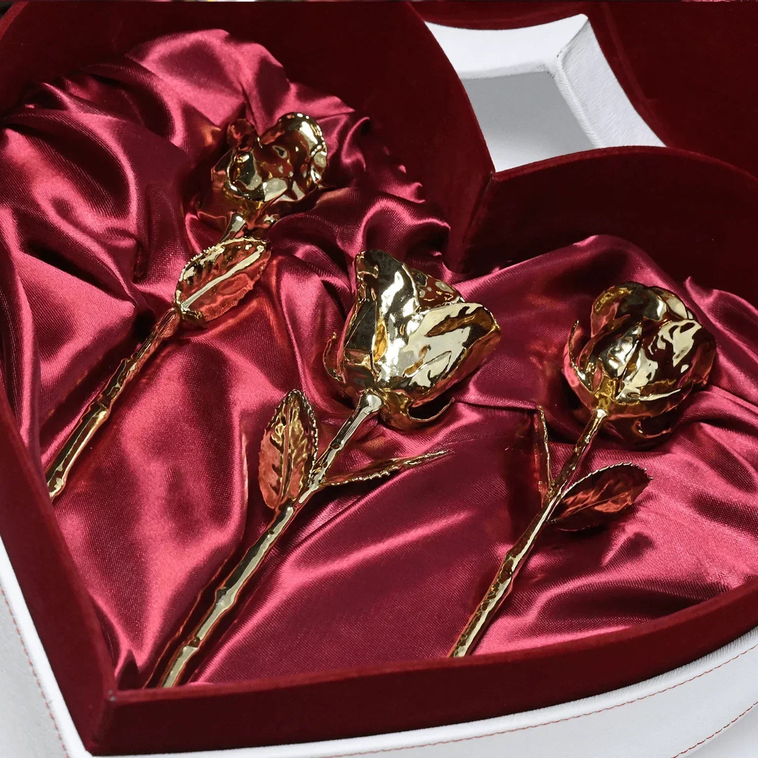 Lovepicker Gold Dipped Rose NEW - 3 Gold Dipped Roses 7" - Crimson Velvet Heart Shaped Leather Box Gold Dipped Rose anniversary-birthday-wedding-gift Valentines-Day milestone-gifts luxury-custom-elegant