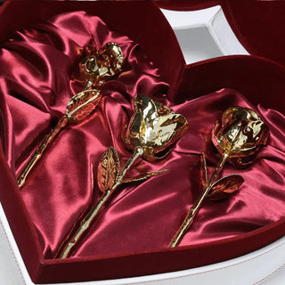 Lovepicker Gold Dipped Rose NEW - 3 Gold Dipped Roses 7" - Crimson Velvet Heart Shaped Leather Box Gold Dipped Rose anniversary-birthday-wedding-gift Valentines-Day milestone-gifts luxury-custom-elegant