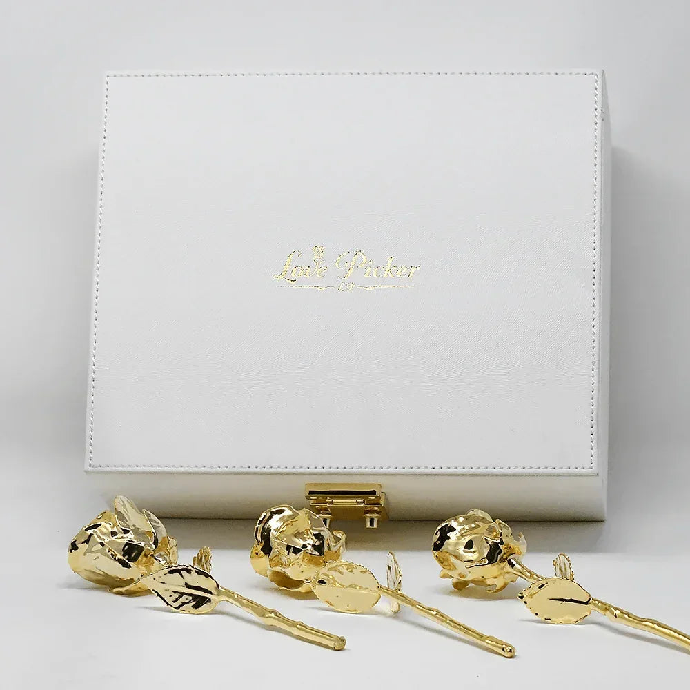 Lovepicker Gold Dipped Rose NEW - 3 Gold Dipped Roses 7" - Ivory Acrylic Chest Gold Dipped Rose anniversary-birthday-wedding-gift Valentines-Day milestone-gifts luxury-custom-elegant