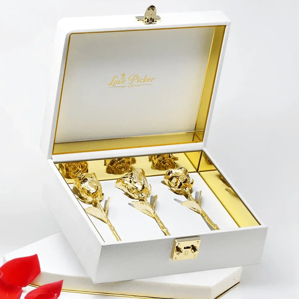 Lovepicker Gold Dipped Rose NEW - 3 Gold Dipped Roses 7" - Ivory Acrylic Chest Gold Dipped Rose anniversary-birthday-wedding-gift Valentines-Day milestone-gifts luxury-custom-elegant