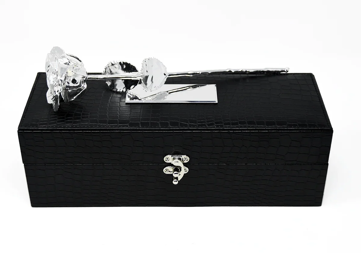 Lovepicker Gold Dipped Rose NEW Custom Engraved Box - Silver Dipped Rose 11.5" - Luxe Leather Noir Gift Box Gold Dipped Rose anniversary-birthday-wedding-gift Valentines-Day milestone-gifts luxury-custom-elegant