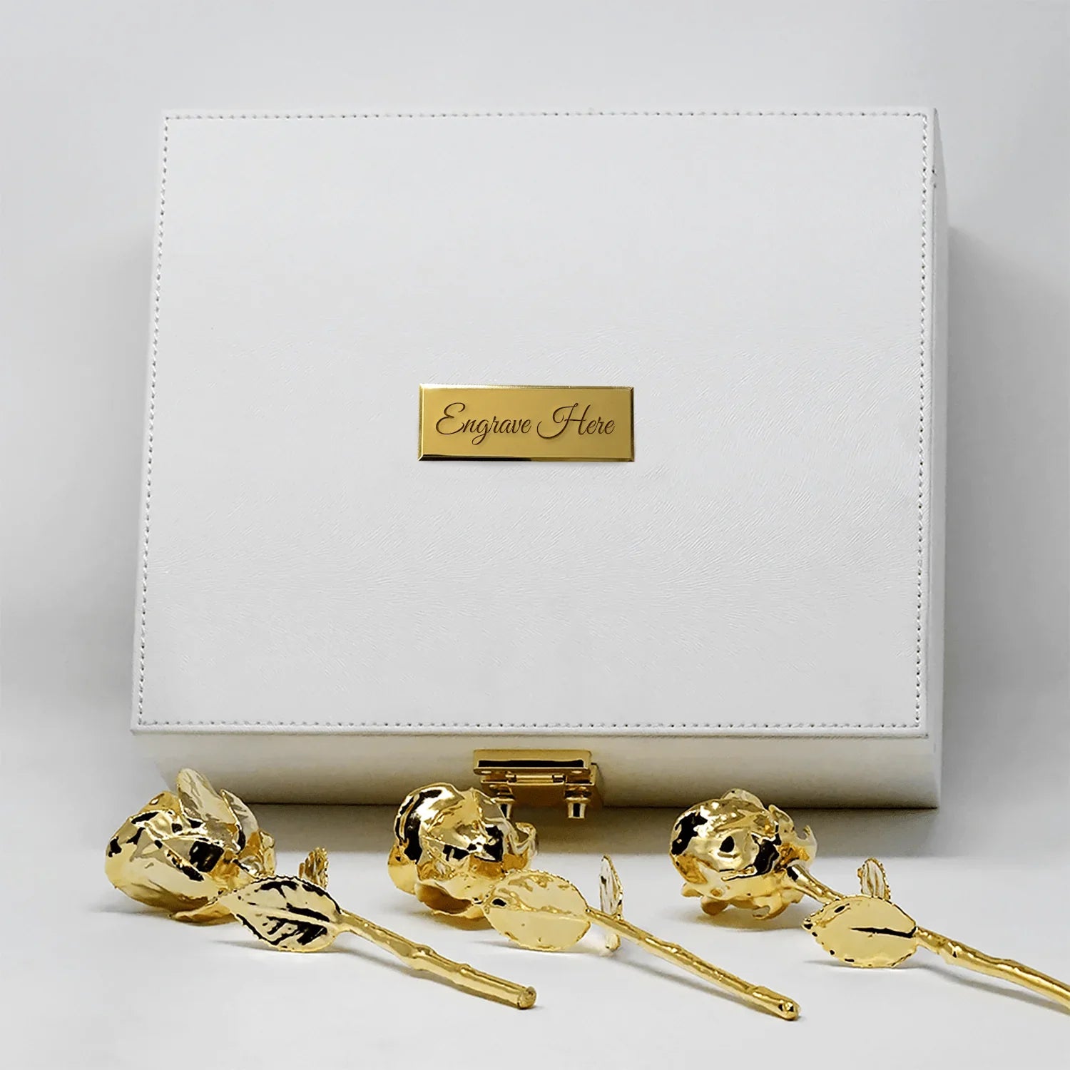 Lovepicker Gold Dipped Rose NEW - Engraved 3 Gold Dipped Roses 7" - Ivory Acrylic Chest Gold Dipped Rose anniversary-birthday-wedding-gift Valentines-Day milestone-gifts luxury-custom-elegant