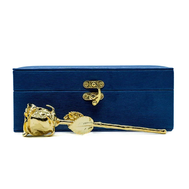 Lovepicker Gold Rose Custom Engraved Box - 24K Gold Dipped Natural Rose 7" - Midnight Blue Genuine Leather Gold Dipped Rose anniversary-birthday-wedding-gift Valentines-Day milestone-gifts luxury-custom-elegant