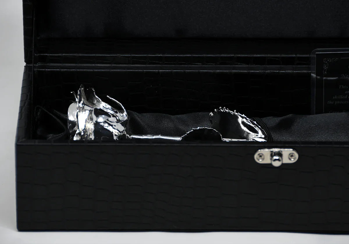 LovePicker Silver Dipped Rose NEW Silver Dipped Natural Rose 11.5" - Luxe Noir Gift Box - Genuine Leather Gold Dipped Rose anniversary-birthday-wedding-gift Valentines-Day milestone-gifts luxury-custom-elegant