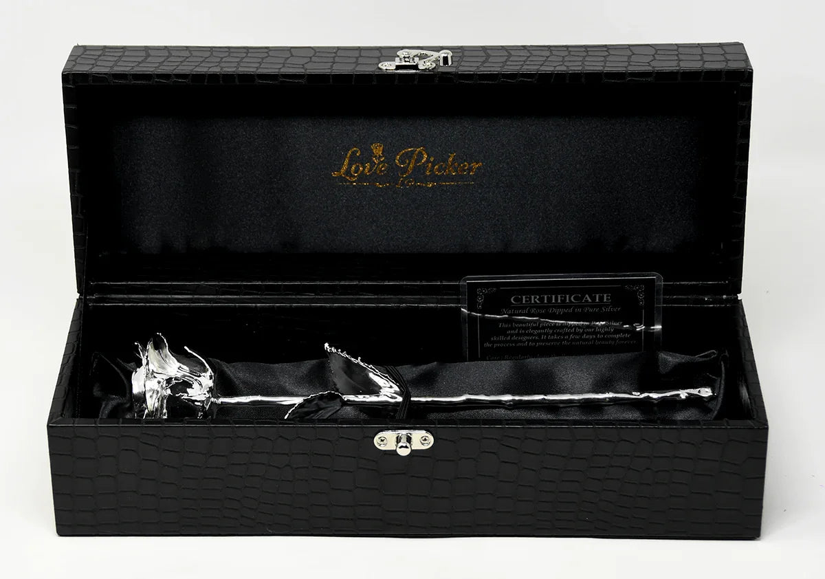 LovePicker Silver Dipped Rose NEW Silver Dipped Natural Rose 11.5" - Luxe Noir Gift Box - Genuine Leather Gold Dipped Rose anniversary-birthday-wedding-gift Valentines-Day milestone-gifts luxury-custom-elegant