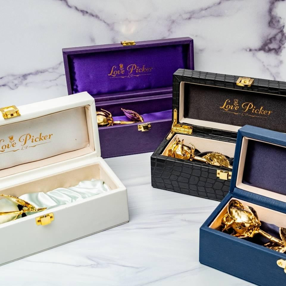 LovePicker Small Leather Box 24K Gold Dipped Natural 7" Rose Luxury Leather Display Box Gold Dipped Rose anniversary-birthday-wedding-gift Valentines-Day milestone-gifts luxury-custom-elegant
