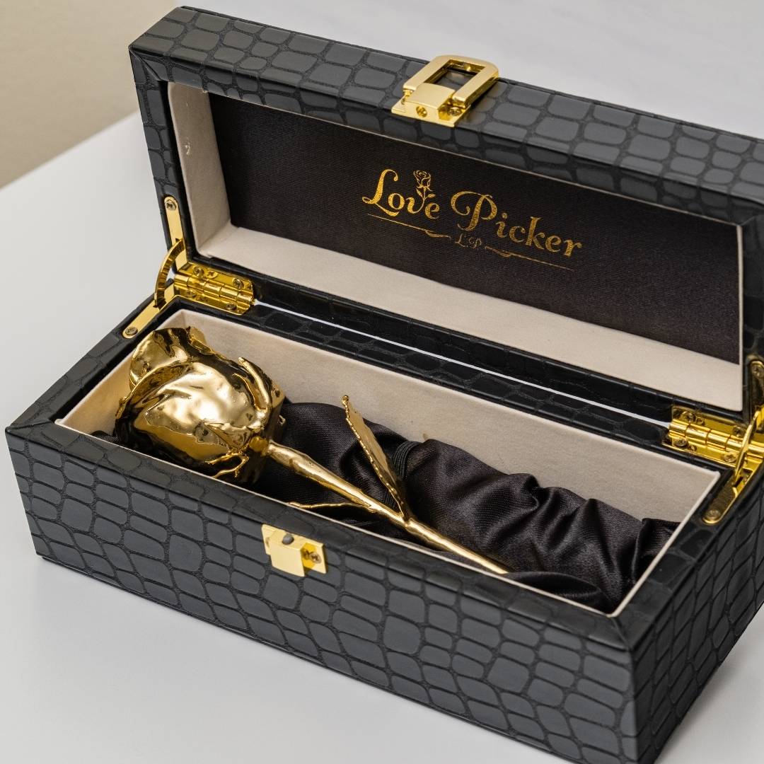 LovePicker Small Leather Box 24K Gold Dipped Natural 7" Rose Luxury Leather Display Box Black Gold Dipped Rose anniversary-birthday-wedding-gift Valentines-Day milestone-gifts luxury-custom-elegant
