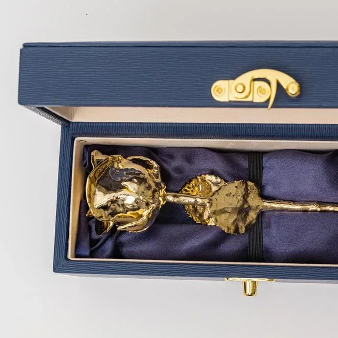 24K Gold Dipped Natural Rose 7" - Midnight Blue Real Leather Gift Box