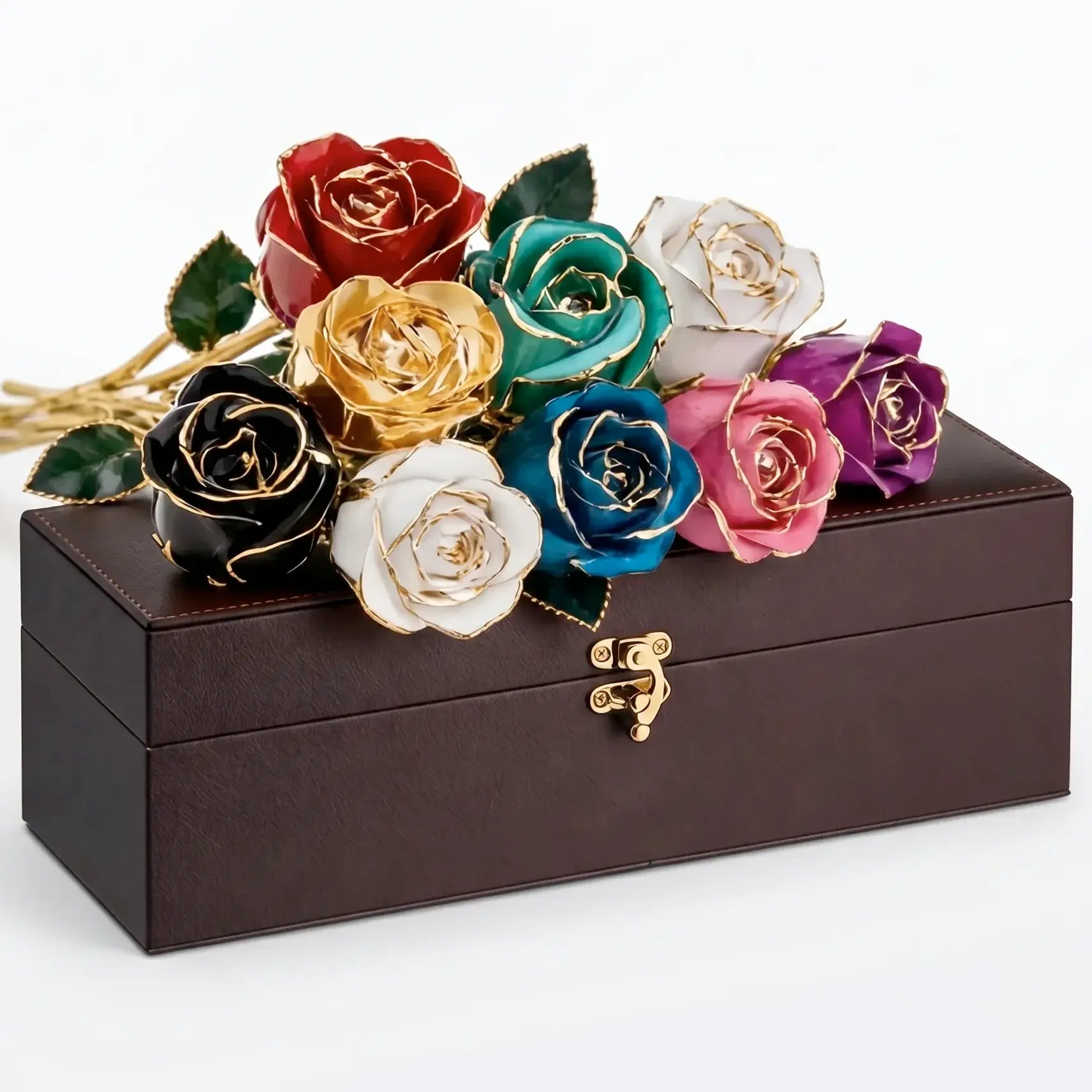 Assorted 24K gold preserved roses in multiple colors displayed on a brown gift box.