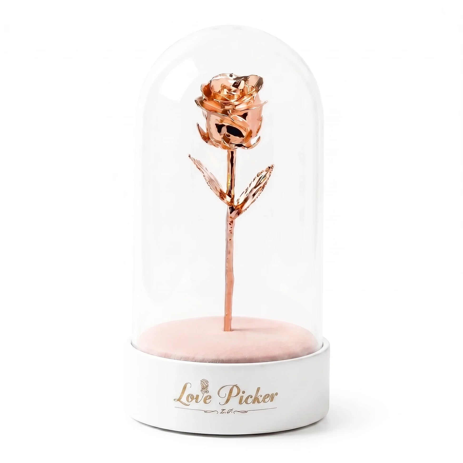 Rose gold rose inside a glass dome on a white base with 'Love Picker' branding.