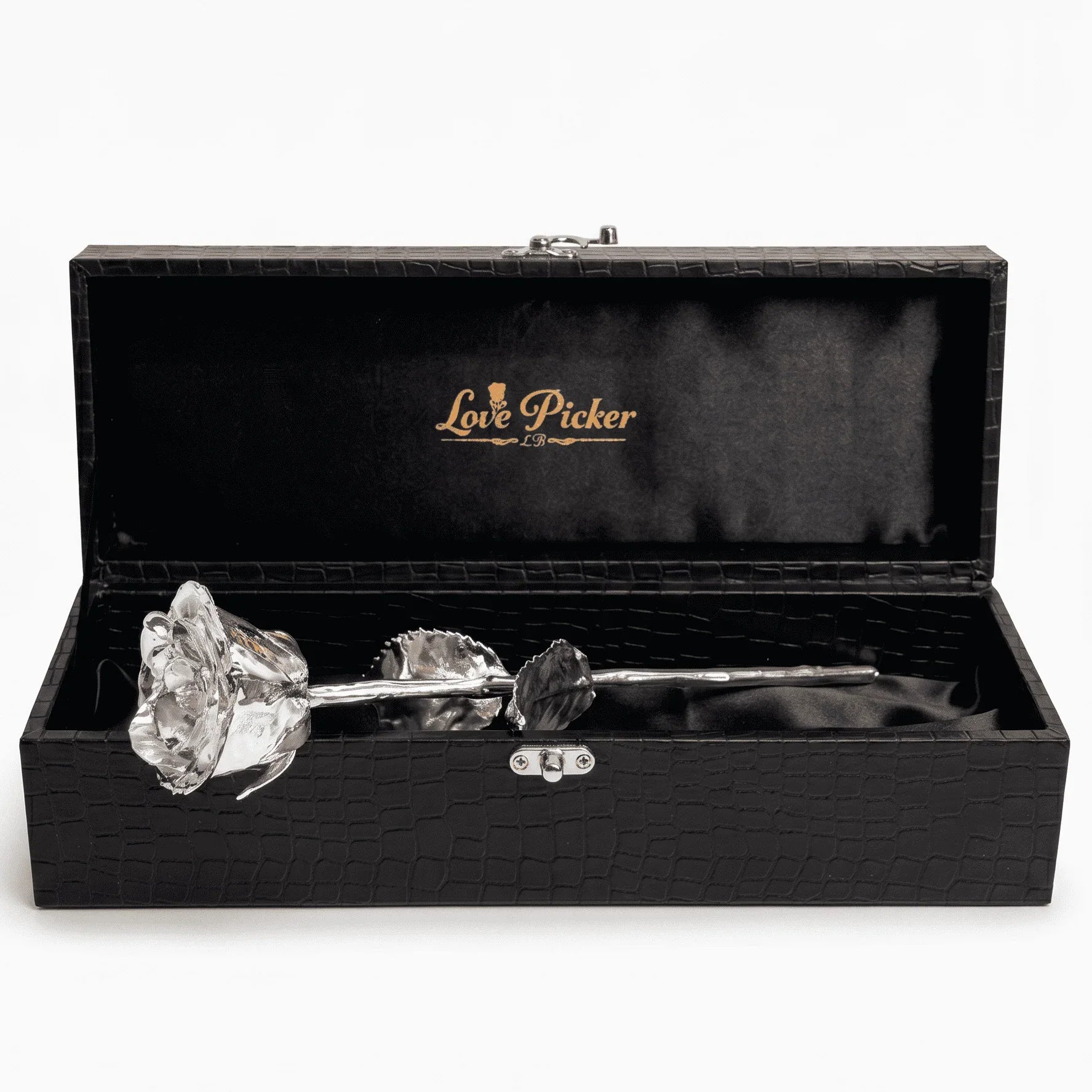 20% OFF Pure Silver Rose + Silver-Dipped Vase Set | Black Vegan Leather Box