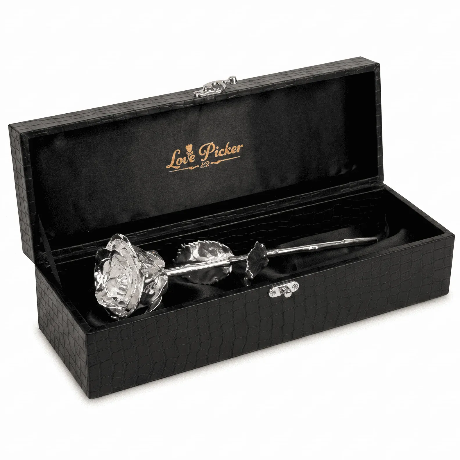 20% OFF Pure Silver Rose + Silver-Dipped Vase Set | Black Vegan Leather Box