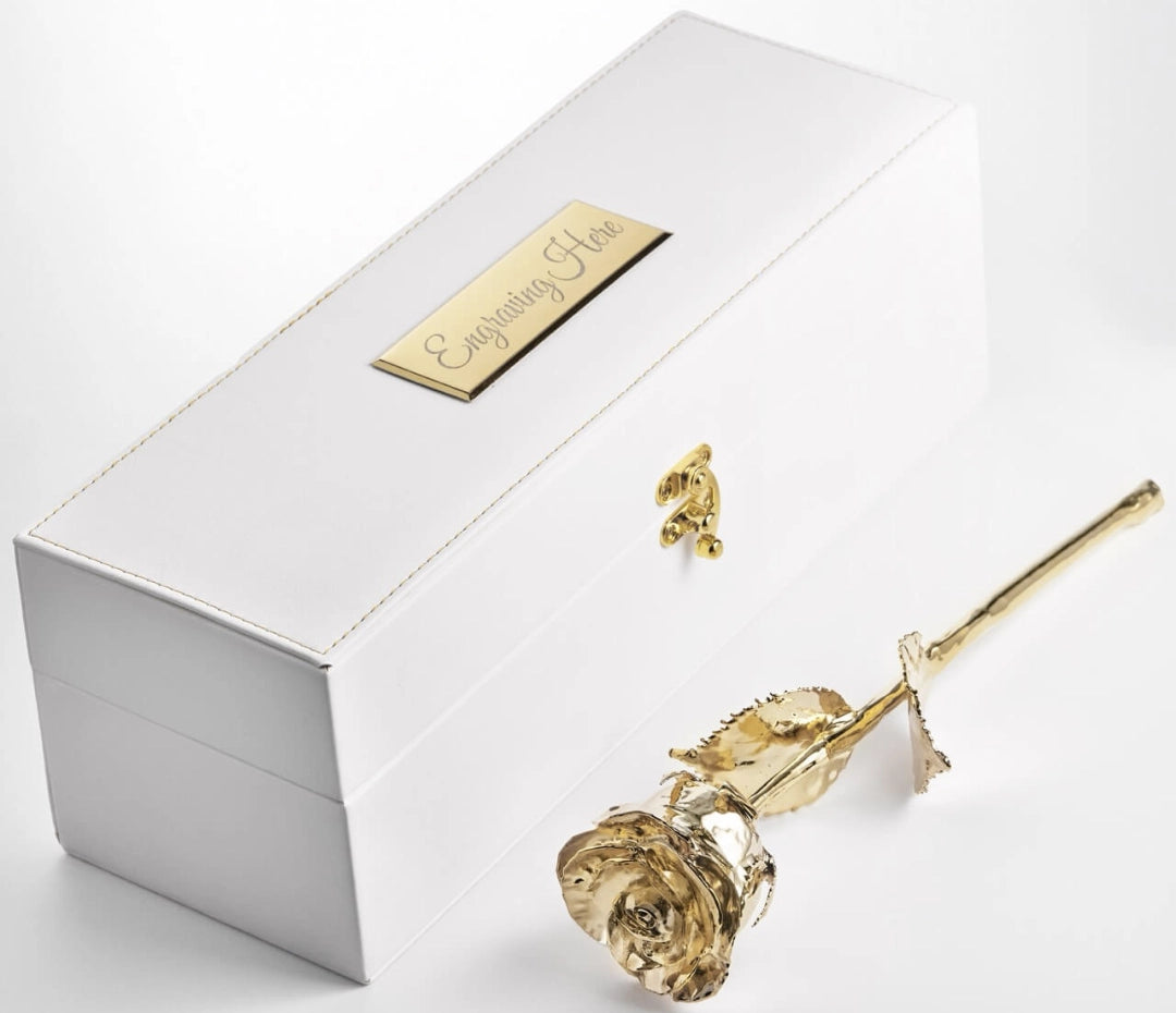 Gold rose in front of a white box with 'Elegantly Ever' branding.