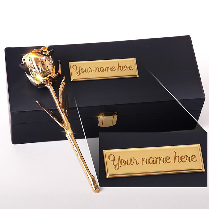 Custom Engraved Box "Your Name Here" example - 24 Karat Gold Dipped Natural Rose 7" - LovePicker