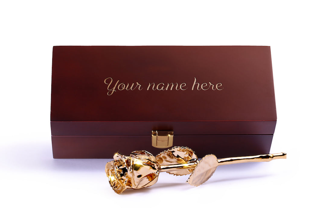 Custom Engraved Wooden Box - 24 Karat Gold Dipped Natural Rose 7" - Zoom Out View - Lovepicker