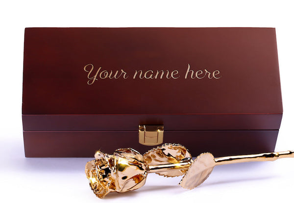 Custom Engraved Wooden Box - 24 Karat Gold Dipped Natural Rose 7" - Lovepicker