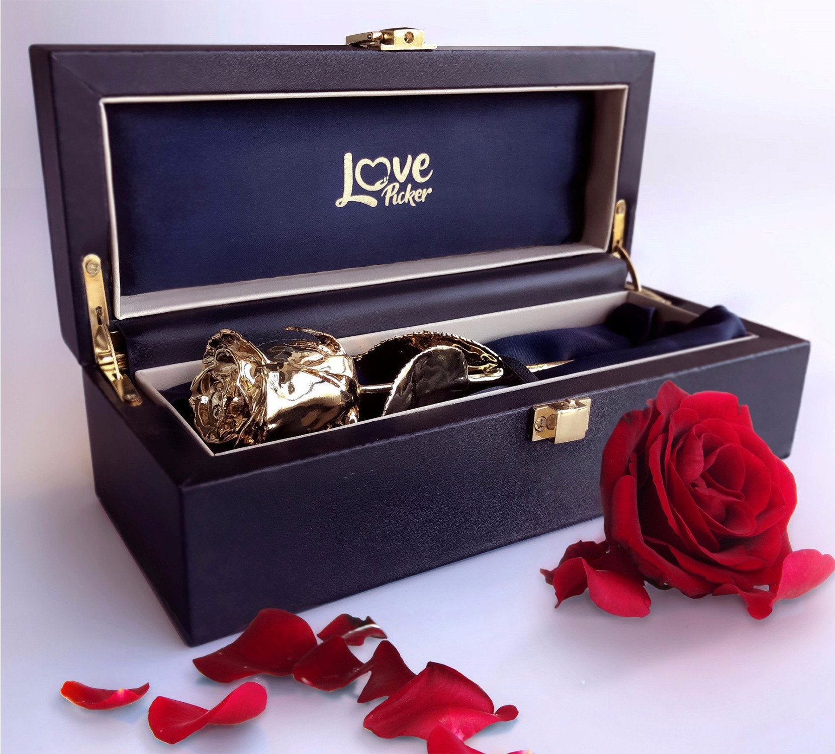 Custom Engraved Box "Your Name Here" example - 24 Karat Gold Dipped Natural Rose 7" - Natural Rose Petals on image - Lovepicker