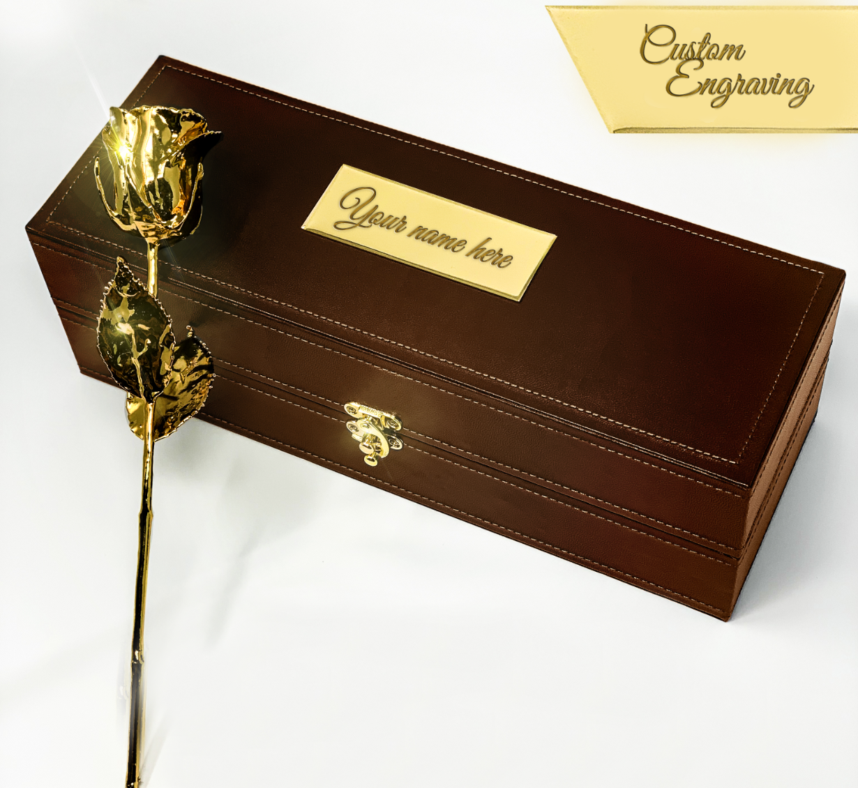 Custom Engraved Box - 24K Gold Dipped Natural Rose 11.5"