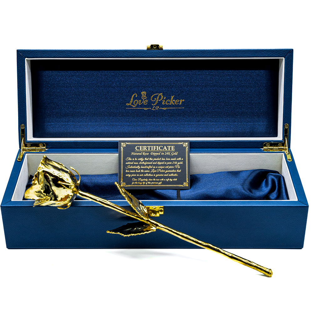 Custom Engraved Box 24K Gold Dipped Natural Rose 11.5" - Midnight Blue