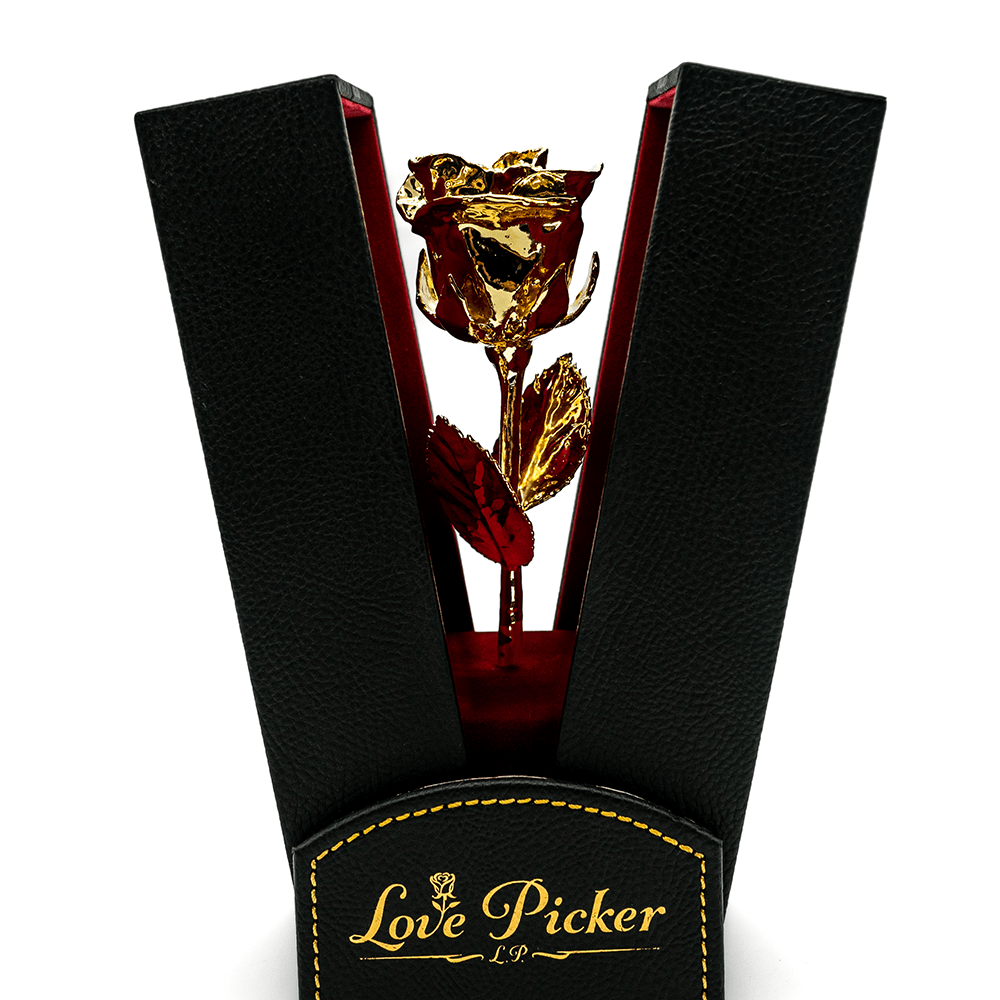 Luxury gold rose in onyx black leather box with red interior and Love Picker branding