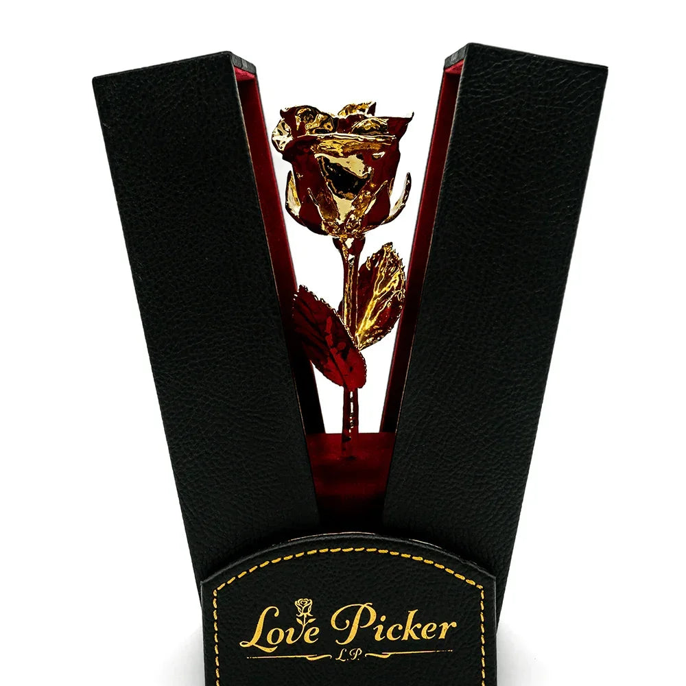 Lovepicker 24K Gold Dipped Rose 7" In Onyx Luxury Black Leather Gift Box Genuine Gold Dipped Rose anniversary-birthday-wedding-gift Valentines-Day milestone-gifts luxury-custom-elegant
