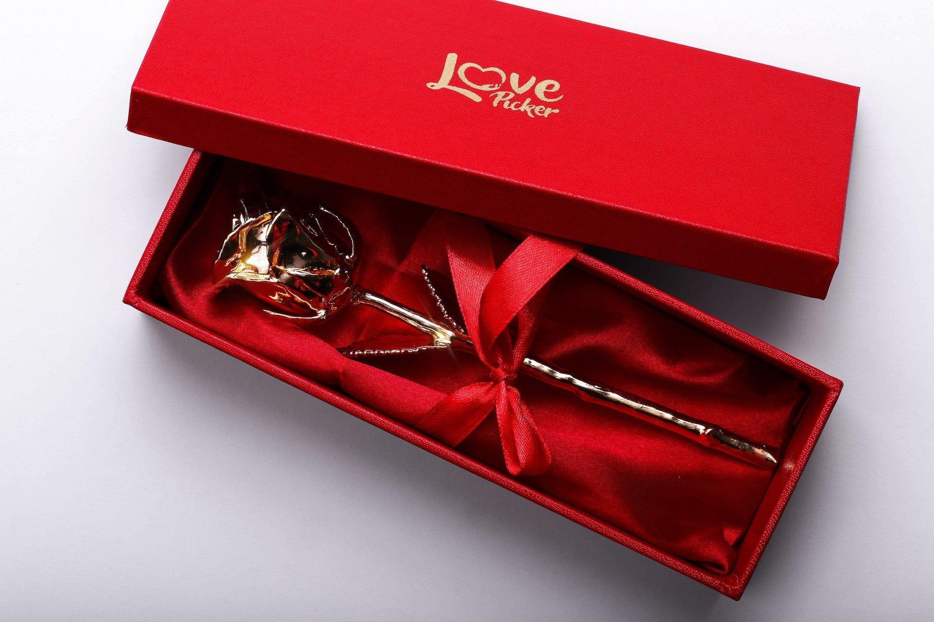 Lovepicker Gold Dipped Rose 24K Gold Dipped Rose 7" - Scarlet Color Gift Box Gold Dipped Rose anniversary-birthday-wedding-gift Valentines-Day milestone-gifts luxury-custom-elegant