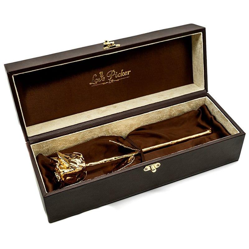 Lovepicker Gold Dipped Rose Custom Engraved Leather Umber Box - 11.5" - 24K Gold Dipped 1 Natural Rose Gold Dipped Rose anniversary-birthday-wedding-gift Valentines-Day milestone-gifts luxury-custom-elegant