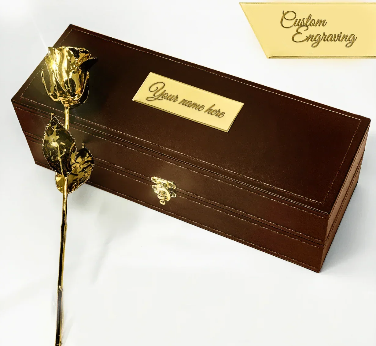 Lovepicker Gold Dipped Rose Custom Engraved Leather Umber Box - 11.5" - 24K Gold Dipped 1 Natural Rose Gold Dipped Rose anniversary-birthday-wedding-gift Valentines-Day milestone-gifts luxury-custom-elegant