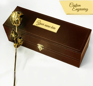 Lovepicker Gold Dipped Rose Custom Engraved Leather Umber Box - 11.5" - 24K Gold Dipped 1 Natural Rose Gold Dipped Rose anniversary-birthday-wedding-gift Valentines-Day milestone-gifts luxury-custom-elegant