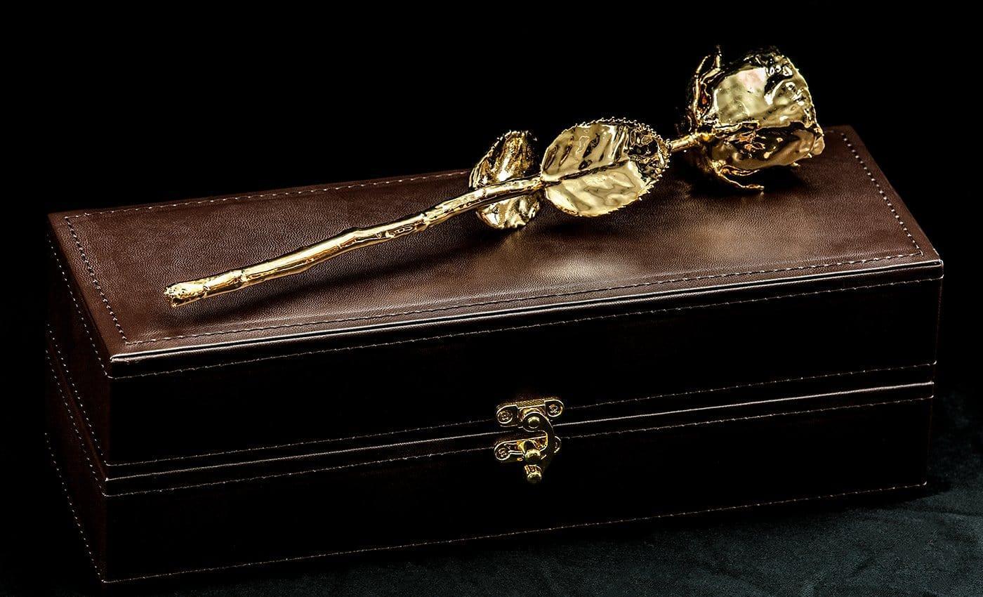 Lovepicker Gold Dipped Rose Custom Engraved Leather Umber Box - 11.5" - 24K Gold Dipped 1 Natural Rose Gold Dipped Rose anniversary-birthday-wedding-gift Valentines-Day milestone-gifts luxury-custom-elegant