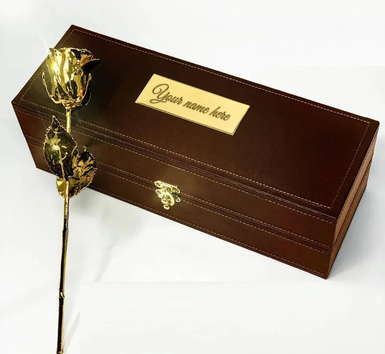 Lovepicker Gold Dipped Rose Custom Engraved Leather Umber Box - 11.5" - 24K Gold Dipped 1 Natural Rose Gold Dipped Rose anniversary-birthday-wedding-gift Valentines-Day milestone-gifts luxury-custom-elegant