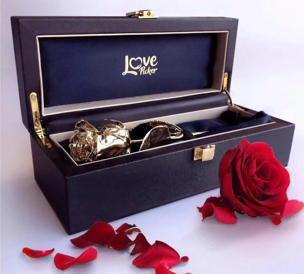 Lovepicker Gold Rose Custom Engraved Box - 24K Gold Dipped Natural Rose 7" - Midnight Blue Genuine Leather Gold Dipped Rose anniversary-birthday-wedding-gift Valentines-Day milestone-gifts luxury-custom-elegant