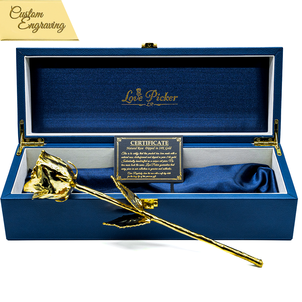 Custom Engraved Box 24K Gold Dipped Natural Rose 11.5" - Midnight Blue